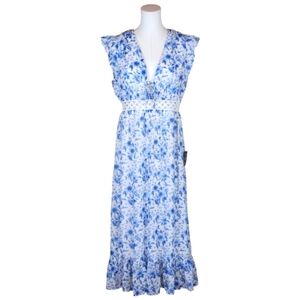 Lulus Make Things Shine White Blue Floral Midi Lightweight Flowy Dress L